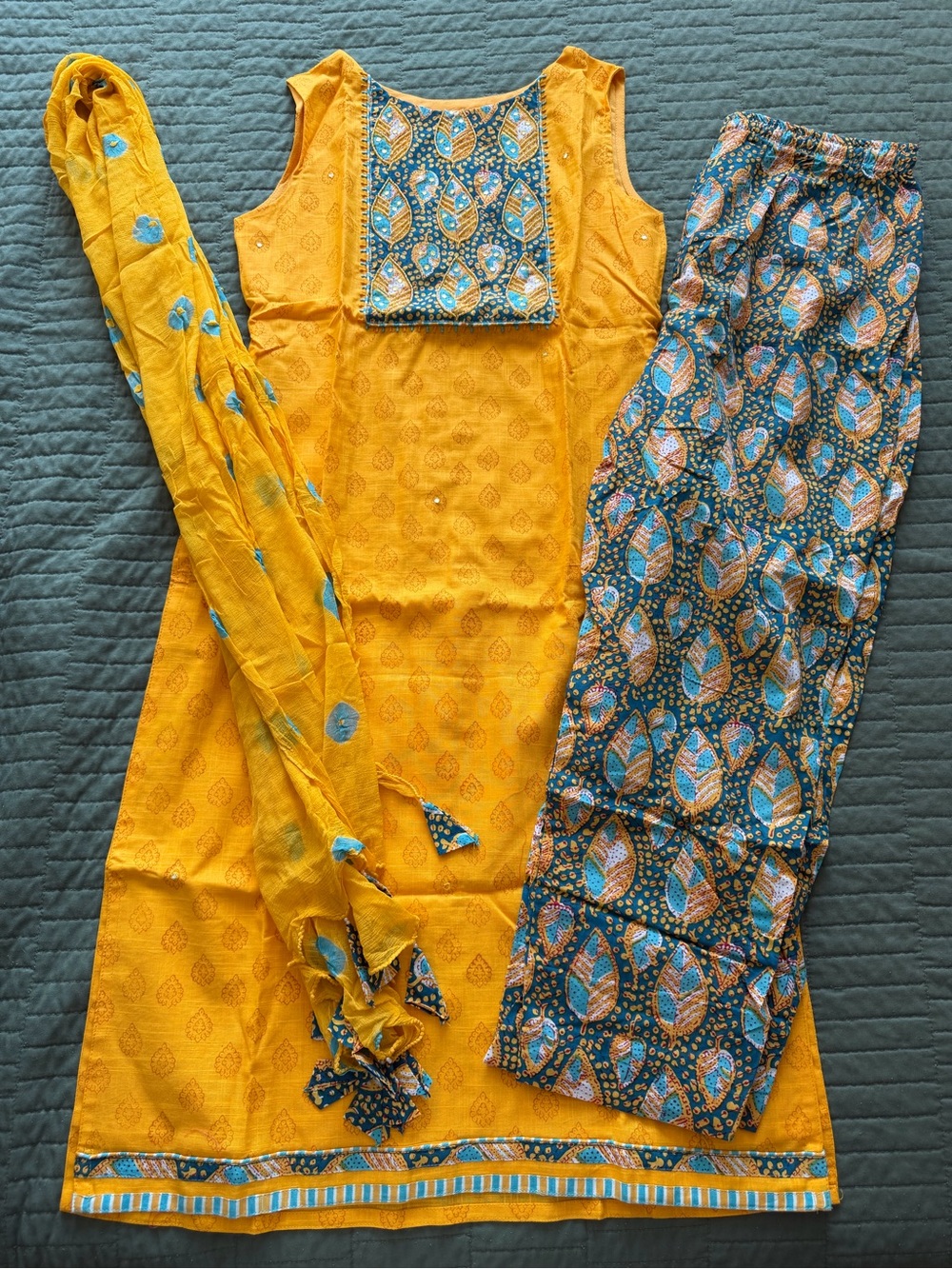 Brand new w/o tags Yellow & Teal Embroidered and printed Kurta Pajama Set